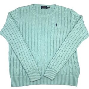 Polo Ralph Lauren Women's Cable Knit Sweater Sz L Seafoam Blue Pony Logo Preppy